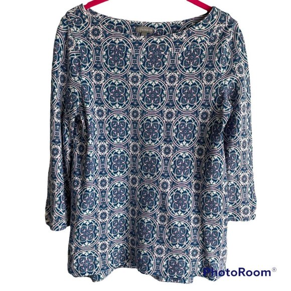 T by Talbots Ladies Multicolor Medallion Boatneck 3/4 Length Casual Tee, S - Picture 1 of 7